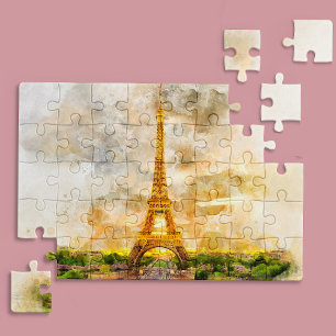 Paris Eiffel Tower Watercolor Sunset Art Print Jigsaw Puzzle