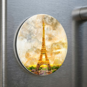 Paris Eiffel Tower Watercolor Sunset Art Print Magnet