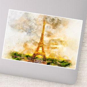Paris Eiffel Tower Watercolor Sunset Art Print Sticker