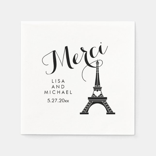 Paris Eiffel Tower Wedding Black and White Merci Napkins (Front)