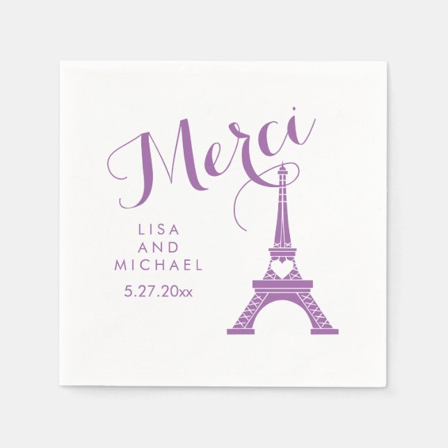 Paris Eiffel Tower Wedding Purple Merci Thank You Napkins (Front)