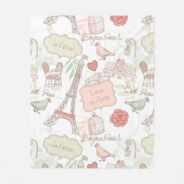 Paris Eiffel Tower Whimsical Pink Fleece Blanket (Front)