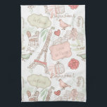 Paris Eiffel Tower Whimsical Pink Kitchen Towel<br><div class="desc">I love Paris pretty pastel design with Eiffel Tower and French language text in attractive pink and sage green on a white background. Art work includes hearts, flowers, birds, vintage street lamps, ice cream tables, and a romantic couple are part of the attractive print purchased from Graphic Stock to create...</div>