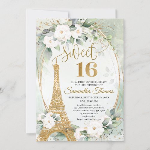Paris Eiffel tower white roses greenery gold oval Invitation