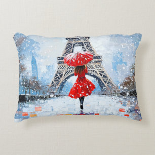 Paris Eiffel Tower Winter Romance Red Umbrella Accent Pillow
