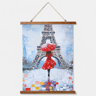 Paris Eiffel Tower Winter Romance Red Umbrella  Hanging Tapestry