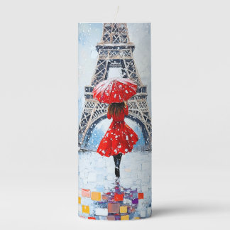 Paris Eiffel Tower Winter Romance Red Umbrella  Pillar Candle