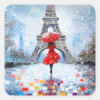 Paris Eiffel Tower Winter Romance Red Umbrella  Square Sticker