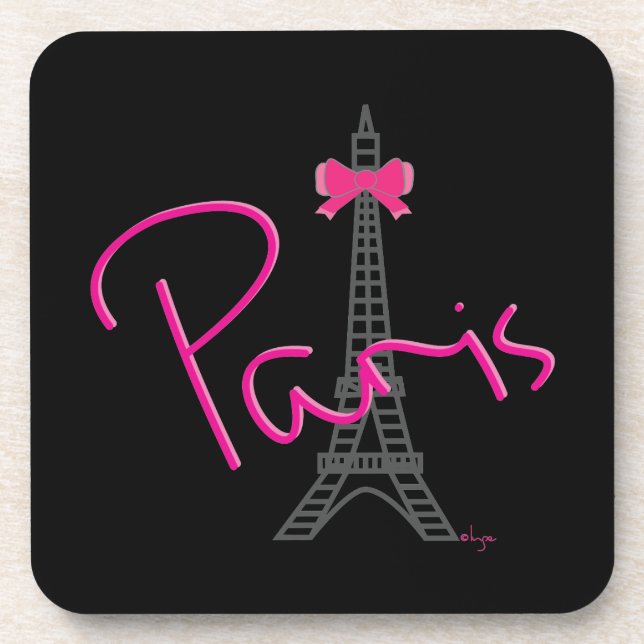 Paris, Eiffel Tower with Bow Modern Black Drink Coaster (Front)