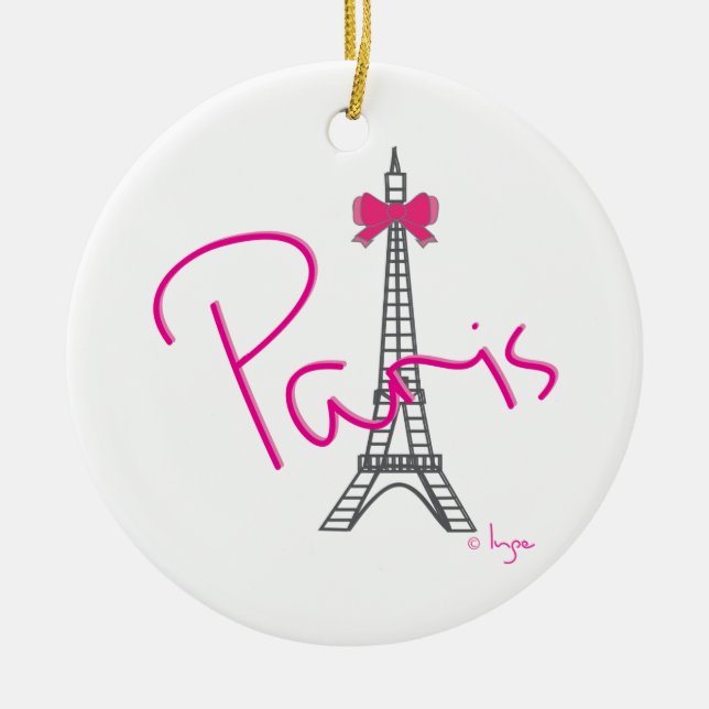 Paris Eiffel Tower with pink bow Ceramic Ornament (Front)