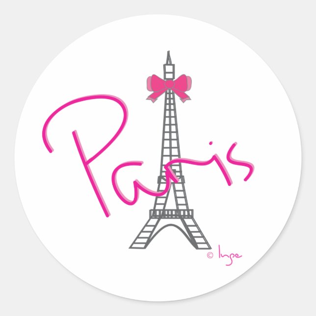 Paris Eiffel Tower with pink bow Classic Round Sticker (Front)