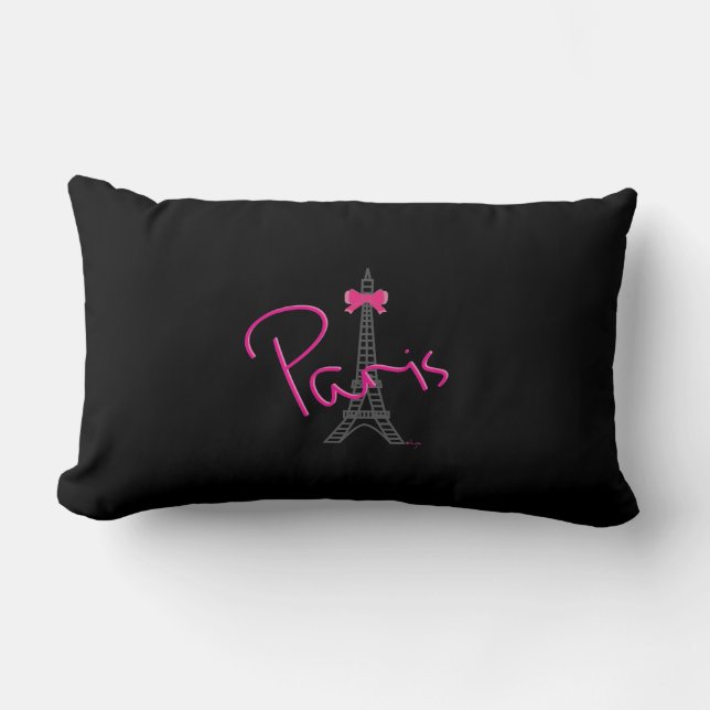 Paris, Eiffel Tower with pink Bow Modern Black Lumbar Pillow (Front)