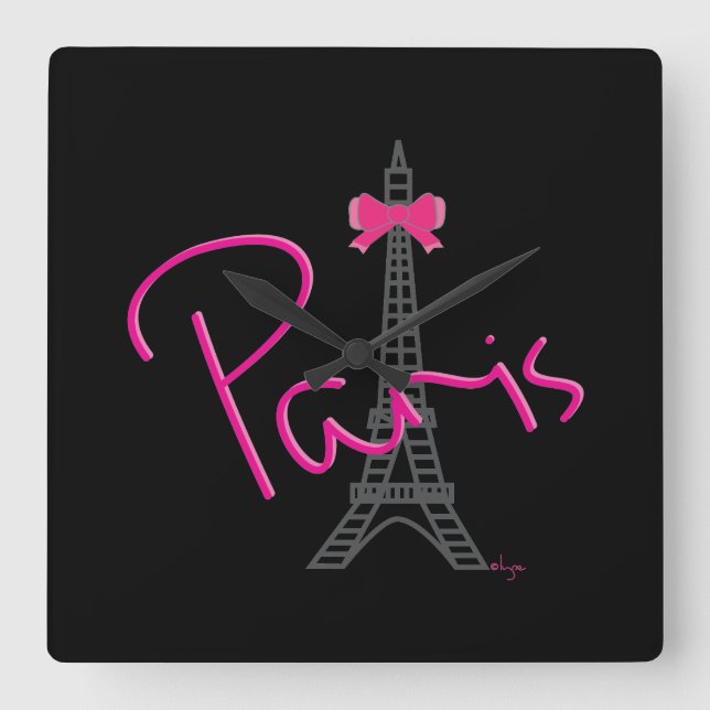 PARIS, Eiffel Tower with pink Bow Square Wall Clock (Front)