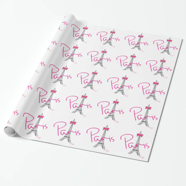 PARIS Eiffel Tower with pink bow Wrapping Paper Zazzle