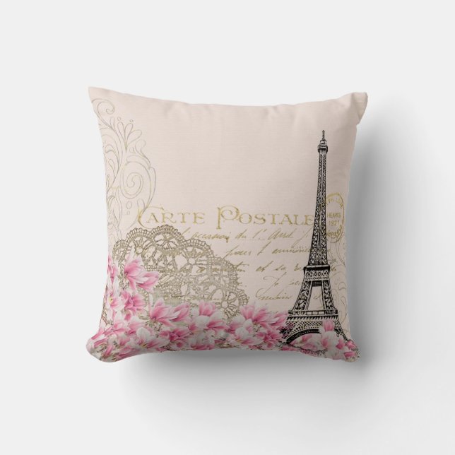 Paris Eiffelturm France, French Vintage Ephemera Throw Pillow (Front)