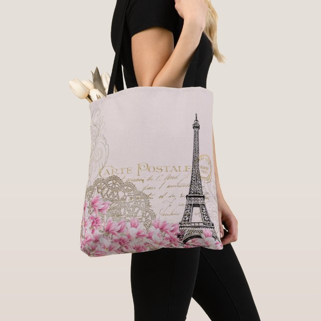 Paris Eiffelturm France, French Vintage Ephemera Tote Bag (Close Up)