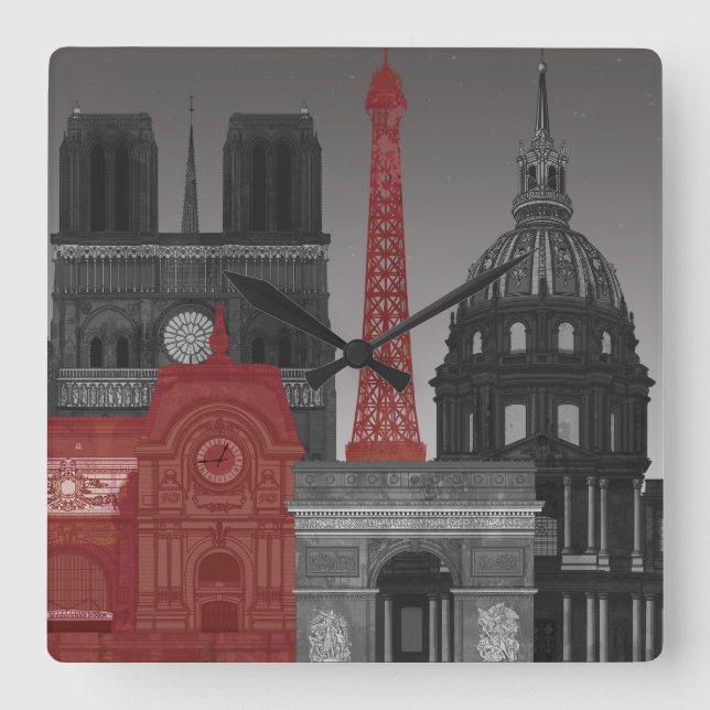Paris Elevations by Night - Red Square Wall Clock (Front)