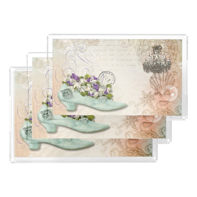 Paris etchings chandelier flowers acrylic tray (Set)