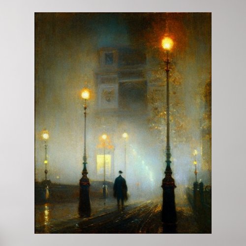 Paris evening rain lamps impressionist style poster