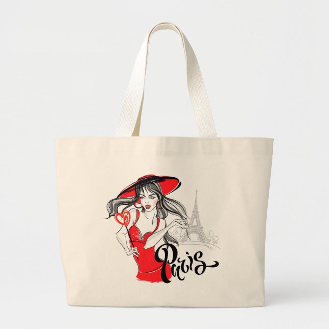 Paris Fashionable Woman Illustration Large Tote Bag (Front)