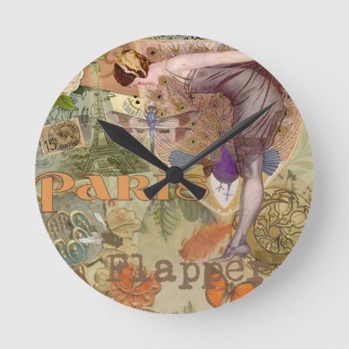 Paris Flapper Art Deco Peacock Vintage Round Clock