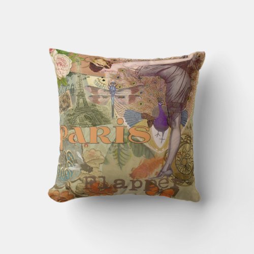 Paris Flapper Art Deco Peacock Vintage Throw Pillow