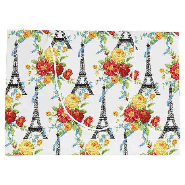 Paris Floral Eiffel Tower on White Large Gift Bag (Back)