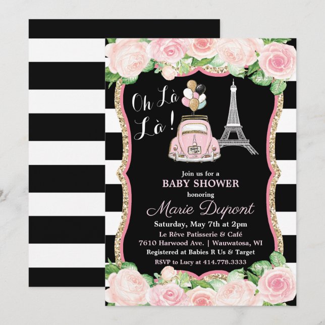 Paris Floral Travel Theme Baby Shower Invitation (Front/Back)