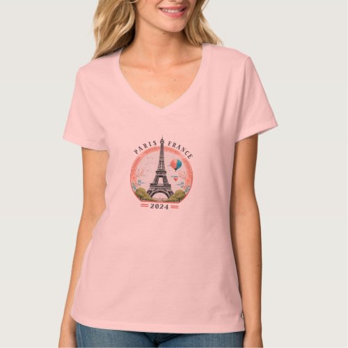 Paris France 2024 Womens V_Neck Tees Paris  T_Shirt