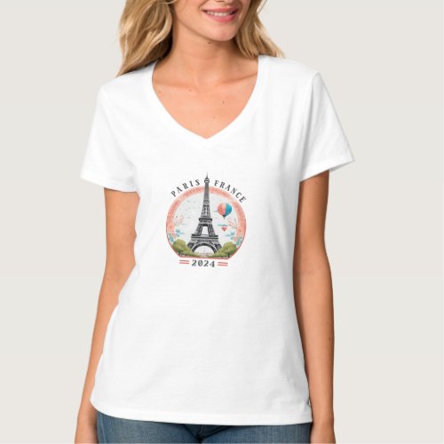 Paris France 2024 Womens V_Neck Tees Paris  T_Shirt