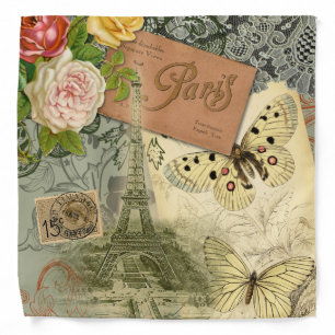 Paris France Antique Artwork Collage Eiffel French Bandana