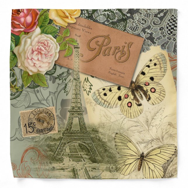 Paris France Antique Artwork Collage Eiffel French Bandana (Front)