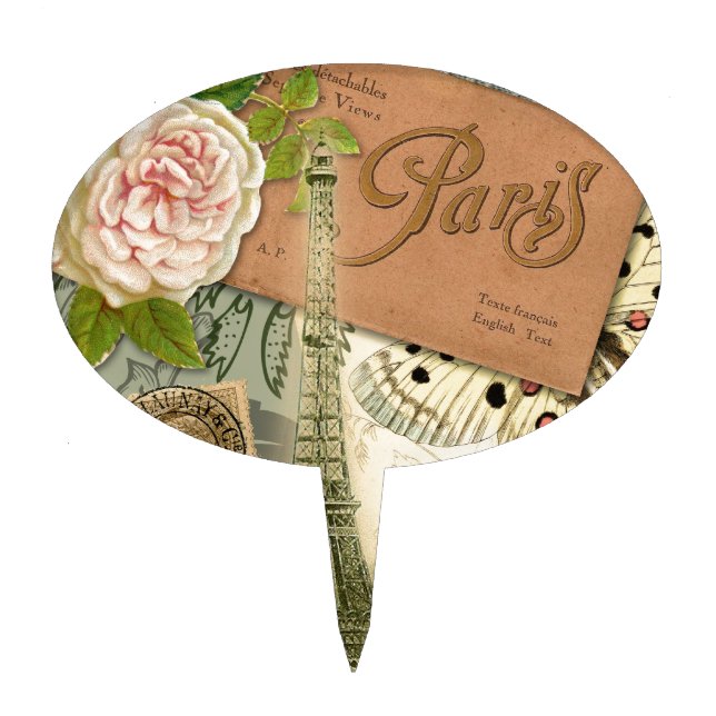 Paris France Antique Artwork Collage Eiffel French Cake Topper (Front)