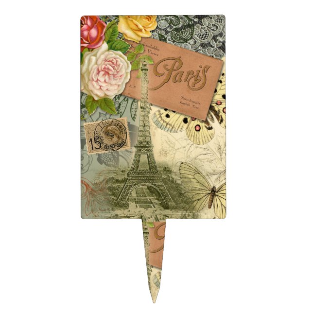 Paris France Antique Artwork Collage Eiffel French Cake Topper (Front)