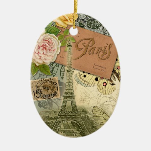 Paris France Antique Artwork Collage Eiffel French Ceramic Ornament