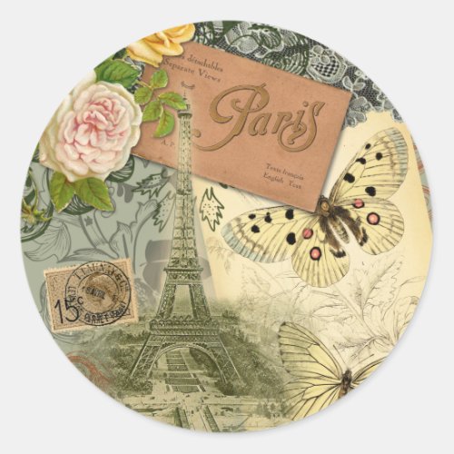 Paris France Antique Artwork Collage Eiffel French Classic Round Sticker