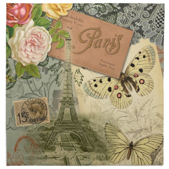 Paris France Antique Artwork Collage Eiffel French Cloth Napkin (Front)