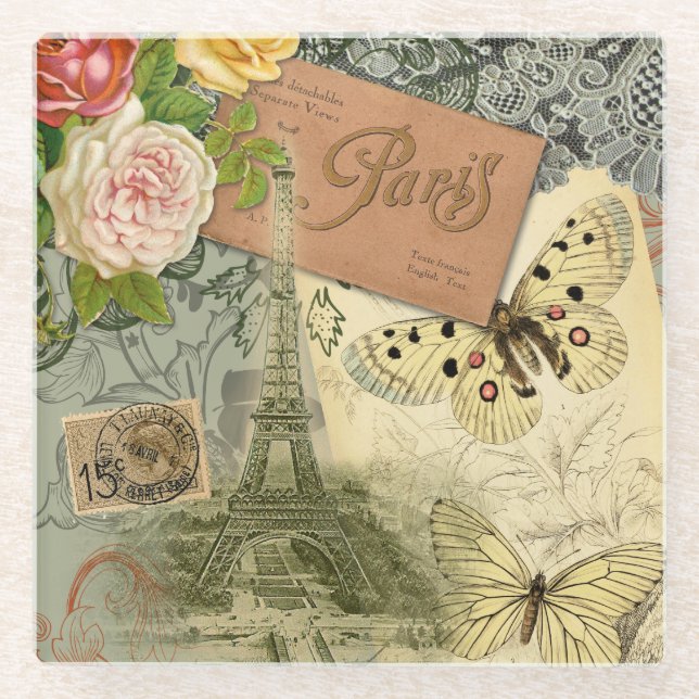 Paris France Antique Artwork Collage Eiffel French Glass Coaster (Front)
