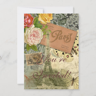 Paris France Antique Artwork Collage Eiffel French Invitation