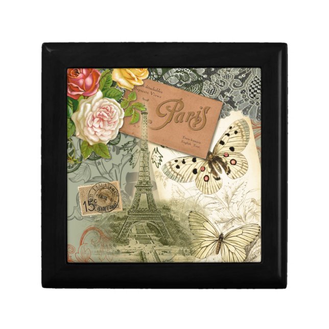 Paris France Antique Artwork Collage Eiffel French Keepsake Box (Front)