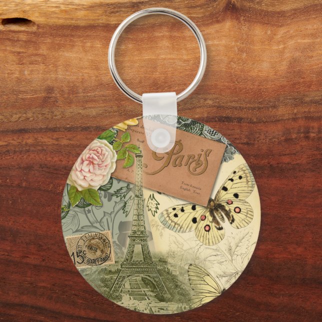 Paris France Antique Artwork Collage Eiffel French Keychain (Front)