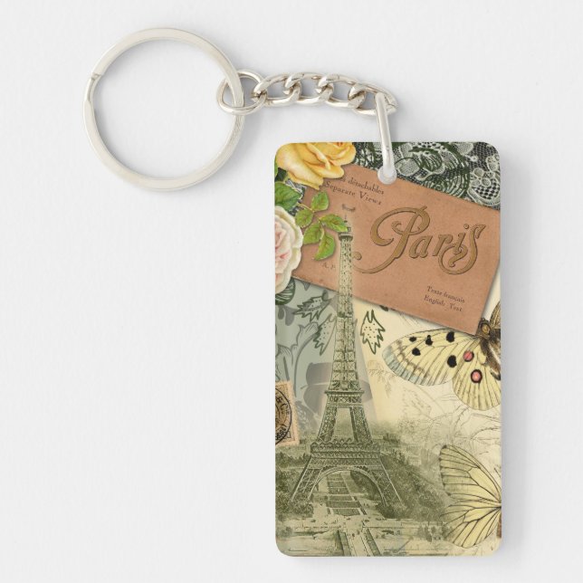 Paris France Antique Artwork Collage Eiffel French Keychain (Front)
