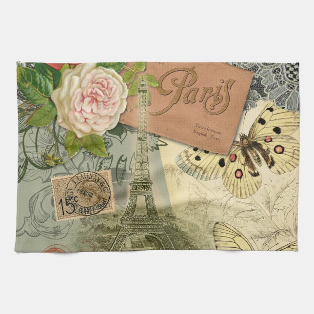 Paris France Antique Artwork Collage Eiffel French Kitchen Towel (Horizontal)