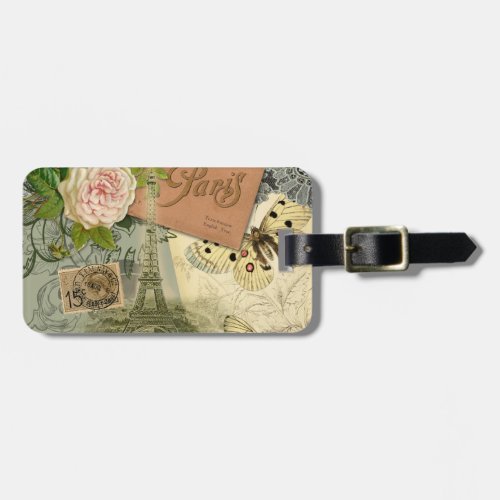 Paris France Antique Artwork Collage Eiffel French Luggage Tag