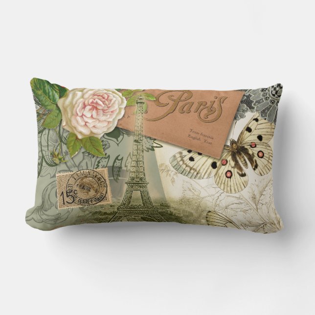 Paris France Antique Artwork Collage Eiffel French Lumbar Pillow (Front)