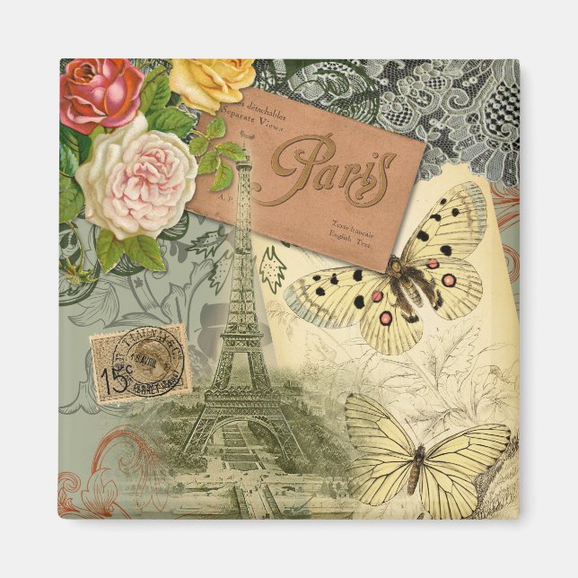 Paris France Antique Artwork Collage Eiffel French Magnet (Front)