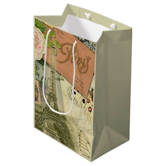Paris France Antique Artwork Collage Eiffel French Medium Gift Bag (Front Angled)