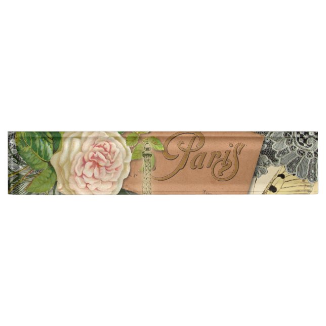 Paris France Antique Artwork Collage Eiffel French Name Plate (Front)
