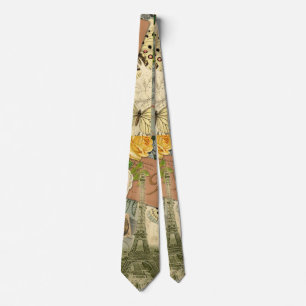 Paris France Antique Artwork Collage Eiffel French Neck Tie