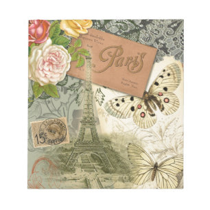 Paris France Antique Artwork Collage Eiffel French Notepad